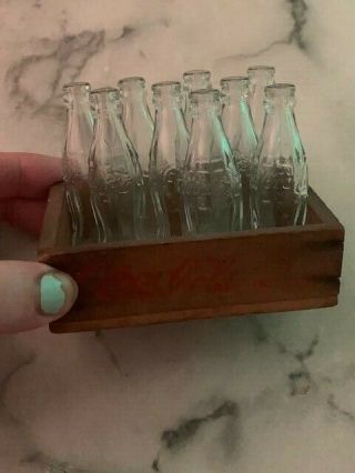 Antique miniature glass Coca Cola Coke bottles in wood crate 6