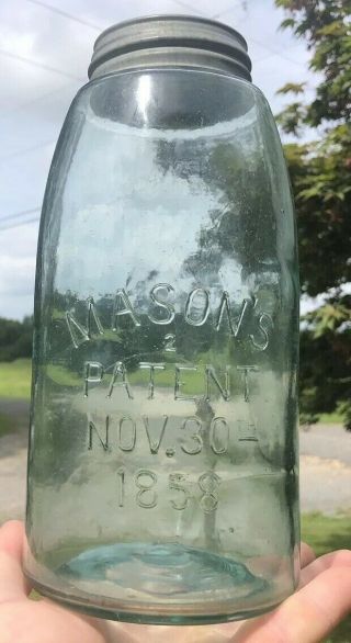 Rb 2029 Masons 2 Patent 1858 Half Gallon Aqua Fruit Jar 1/2 Gal Antique