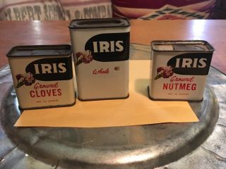 3 Antique Iris Spice Tins,  Cloves,  Nutmeg And ?