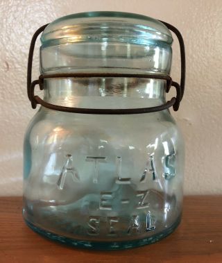 Vtg Atlas E - Z Seal 1/2 Pint Canning Mason Jar Wire Bale Top Aqua Glass W/bubbles