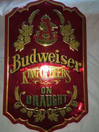Vintage Budweiser Metal Sign Budweiser King of Beers On Draught 1980 25”x 15” 2