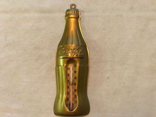 Coca Cola Gold Die Cut Tin Thermometer Bottle Sign