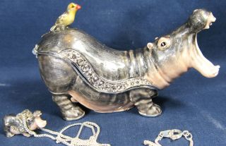 Hippopotamus Jeweled Pewter Trinket Box W/necklace Wildlife Decor