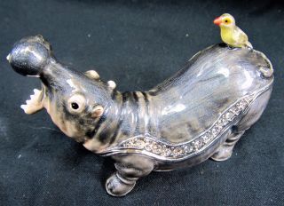 Hippopotamus Jeweled Pewter Trinket Box w/necklace Wildlife decor 2