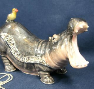 Hippopotamus Jeweled Pewter Trinket Box w/necklace Wildlife decor 3