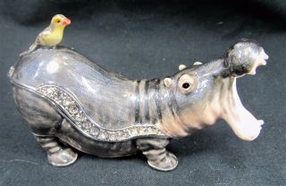 Hippopotamus Jeweled Pewter Trinket Box w/necklace Wildlife decor 5