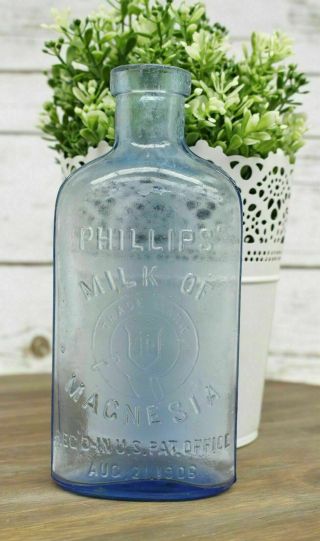 Antique 1906 Aqua Phillips’ Milk Of Magnesia Bottle Light Blue Medicine Dated