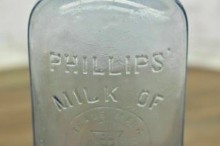 Antique 1906 Aqua Phillips’ Milk Of Magnesia Bottle Light Blue Medicine Dated 3