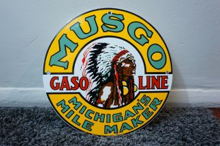 Vintage Musgo Gasoline Porcelain Sign Gas Oil Metal Station Pump Plate Chief