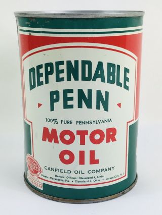 Canfield Oil Co.  Dependable Penn Motor Oil 1 Qt.  Can,  Pa.  Ohio,  Nj,  176