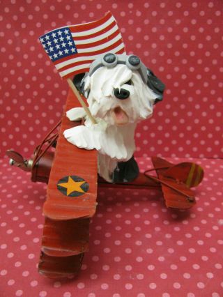 Handsculpted Old English Sheepdog American Fighter Pilot Figurine