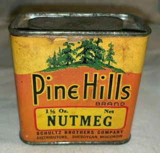 ANTIQUE PINE HILLS NUTMEG SPICE TIN VINTAGE SHEBOYGAN WI GROCERY STORE CAN TREE 3