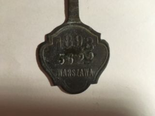 DOG TAX TAG,  1893 WARSAW POLAND,  SURVIVOR,  FINE PATINA,  TAIL FOR COLLAR 4