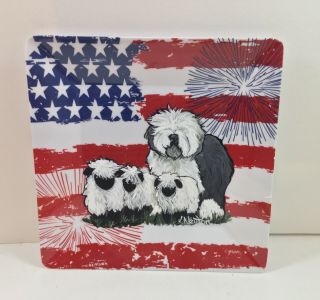 Hand Painted Old English Sheepdog With Sheep.  Plastic Serving Tray.  July 4th