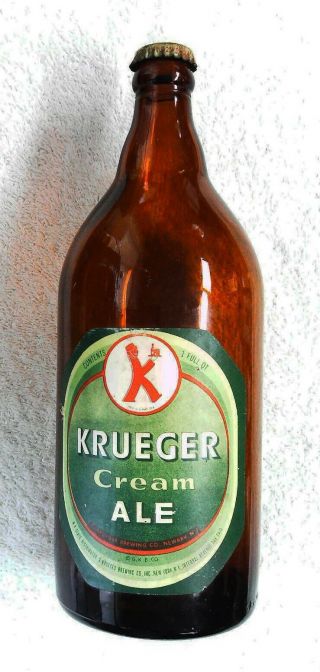 Krueger Cream Ale Quart Beer Bottle With Cap 1940s Internal Revenue Tax Paid