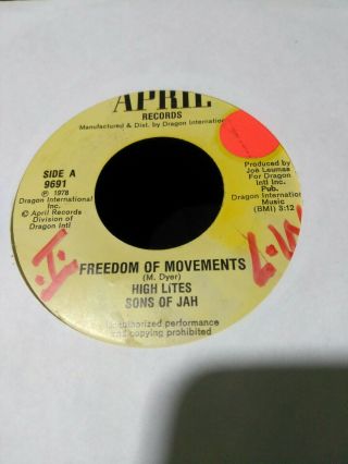 H Igh Lites Sons Of Jah - Freedom Of Movements - April Records Vg,