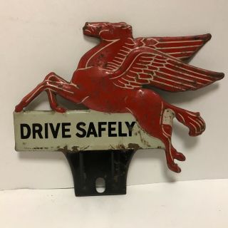 Vintage Tin Mobil Oil Pegasus Drive Safely Sign License Plate Topper Die Cut
