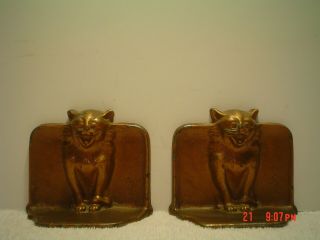 Old 1923 Gothic Hissing Halloween Cat Metal Bookends From Snead & Co,  Vg Shape