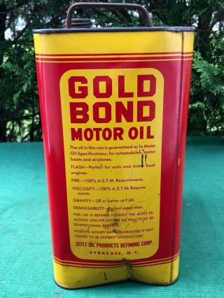 Antique Gold Bond Motor Oil Can Empire Refining Co.  2 Gallon - Syracuse NY EXC 4