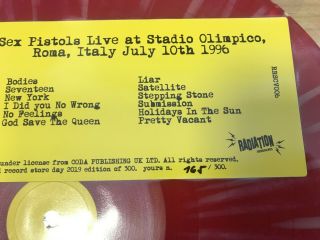 SEX PISTOLS RED SPATTERED VINYL LP (LIVE AT STADIO OLIMPICO) LTD TO 300 COPIES 3