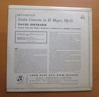33CX 1672 David Oistrakh Beethoven Violin Concerto Cluytens Columbia B/G Mono LP 6