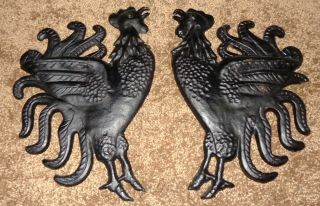 2 Unusual Old Vintage Black Cast Iron Metal Roosters Farm Barn Wall Chicken Set