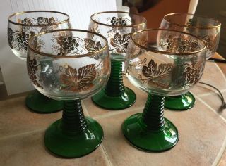 5 Vintage German Roemer Wine Glass Gold Green Beehive Stem Goblets Grapes