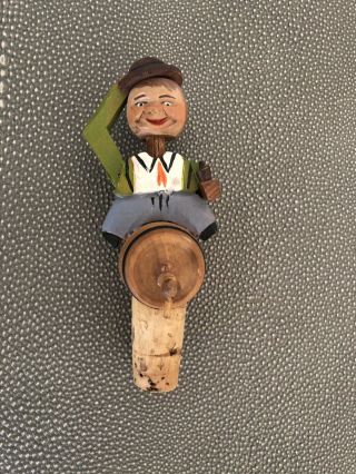 Collector Wine Bottle Cork With Little Wooden Man Sitting On A Keg - 5 Inches