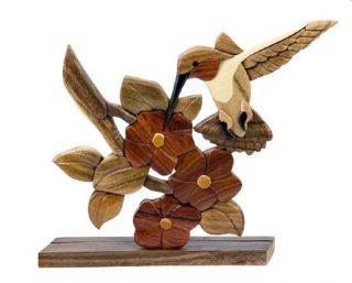 Hummingbird Bird Flower Intarsia Wood Table Top Home Decor Figurine Lodge