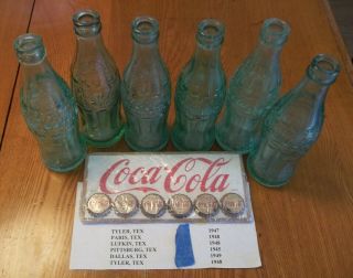 6 – Vintage 1940’s Texas Green Embossed Pat.  D - 105529 Coca Cola Coke Bottle 6 Fl