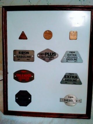 10pc Vintage Esso / Exxon Gas Oil Pump Metal Tag Advertising Signs Framed