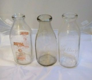 Trio Of Vintage Glass Delivery Milk Bottles Royal Dairy,  D.  A.  And Valley Dairy
