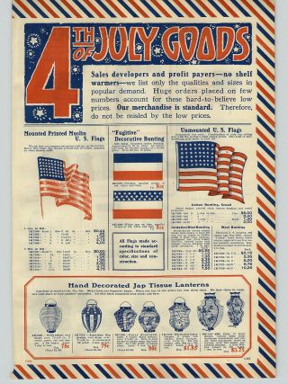 1923 Paper Ad 2 Sided 4th Of July Flags Carnival Hats Fire Cracker Whistle