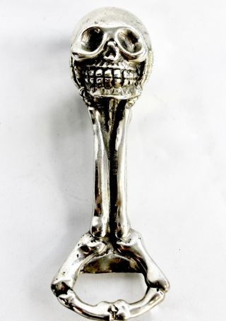Gothic Skull & Bones Bottle Opener Figure Solid Handmade Cast Silvered Bronze