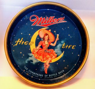 Vintage Miller High Life Beer Tray Girl On The Moon 13 In Serving Tray