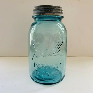 Vintage Lucky 13 Ball Perfect Mason Aqua Blue Quart Jar With Zinc Lid