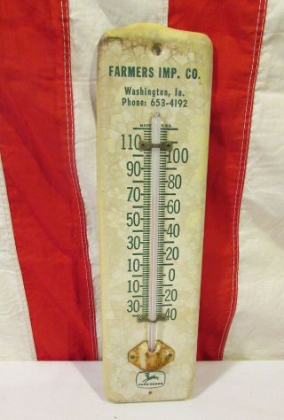 Vintage John Deere 11.  5 " Metal Wall Thermometer Farmers Imp.  Co.  Washington,  Iowa