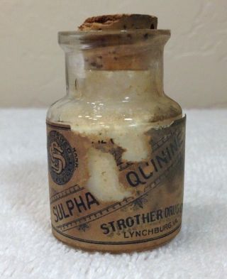 Vintage Sulphate Of Quinine Bottle With Partial Label From Strother Drug Company