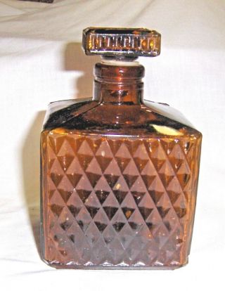 Square Decanter Empty Bottle Diamond Pattern Cut Glass With Topper Dark Amber