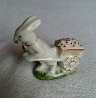 Vintage 1962 Porcelain Figurine Eastern Bunny Rabbit Pulling Cart Izida Marked