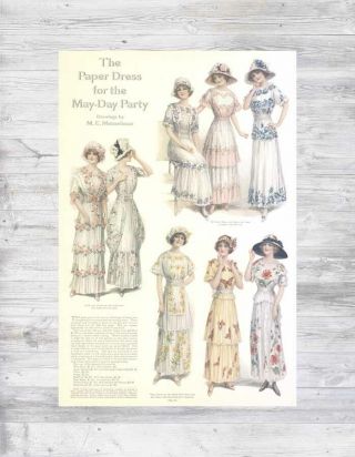 Antique Paper Dress May Day Party Hat Girl Flower Butterfly Fashion Plate Art Pg