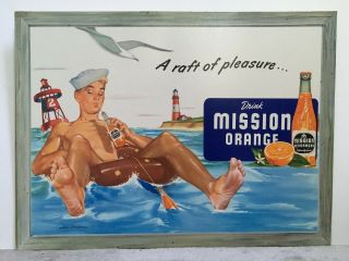Vintage Mission Orange " A Raft Of Pleasure " Large Cardboard Drink Sign