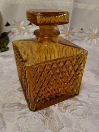 Vintage Square Amber Pressed Glass Decanter Set Diamond Cut Japan