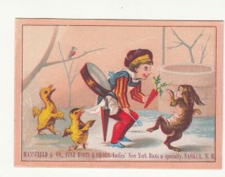 Mansfield & Co Boots & Shoes Nashua Nh Ducks Rabbit Dancing Vict Card C1880s