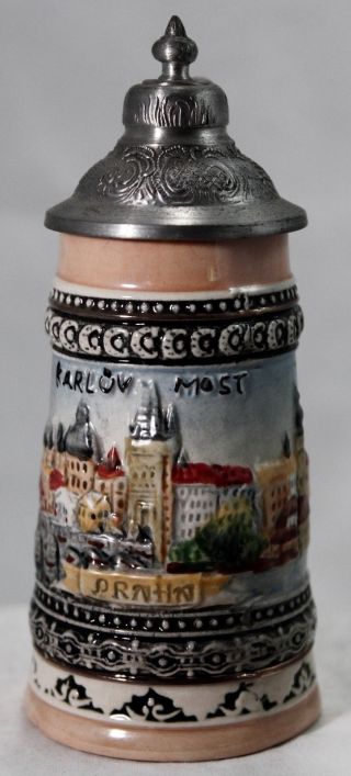 German Miniature Stein Karluv Most Praha Lidded Pewter 4.  5 " Barware Germany