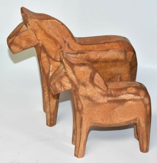 Two Dala Horses Light Brown Carved Wood Unusual 8 " & 6 "