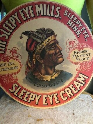 Vintage Or Antique Sleepy Eye Milling Flour Barrel Top Advertising Paper