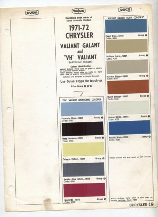 1971 - 72 Ga Galant Vh Valiant Colours Dulon Duco Dulux Chrysler