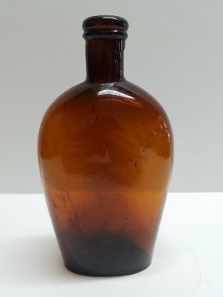 1870s Western Strap Side Whiskey Flask Double Ring Amber Bottle