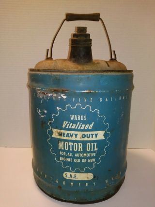 Vintage 5 Gallon Montgomery Ward Oil Can With Caps Wire & Wood Handle